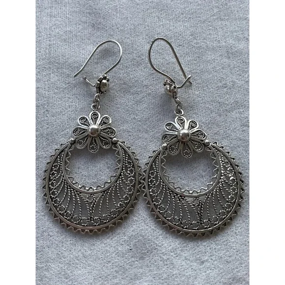 Vintage DGS Turkey Sterling Silver Crescent Moon Floral Dangle Earrings - Picture 1 of 6